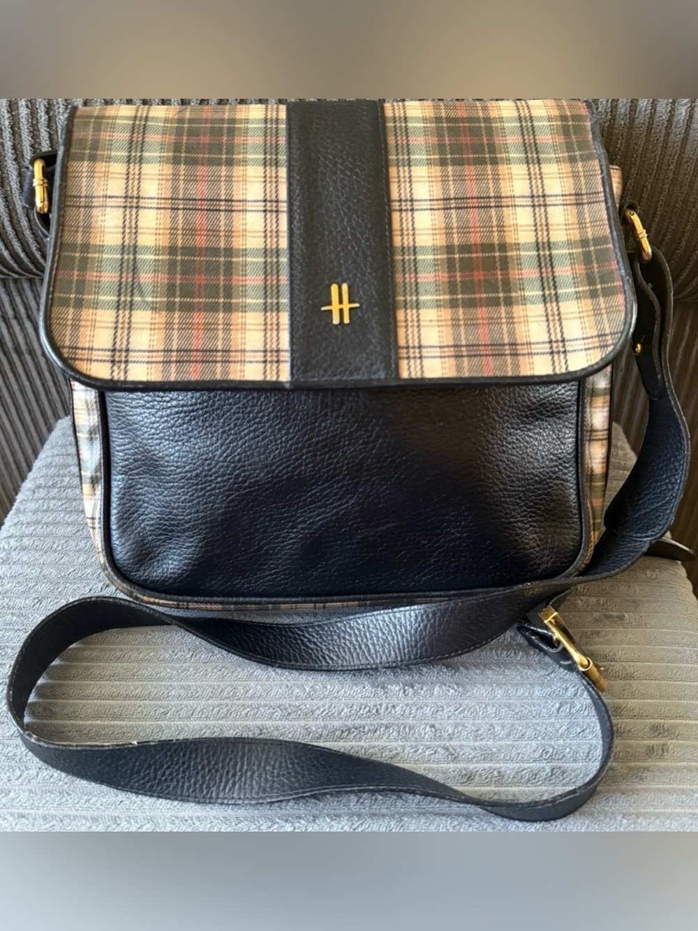 VTG Harrods Leather Plaid Crossbody Small Bag Shoulder Purse
